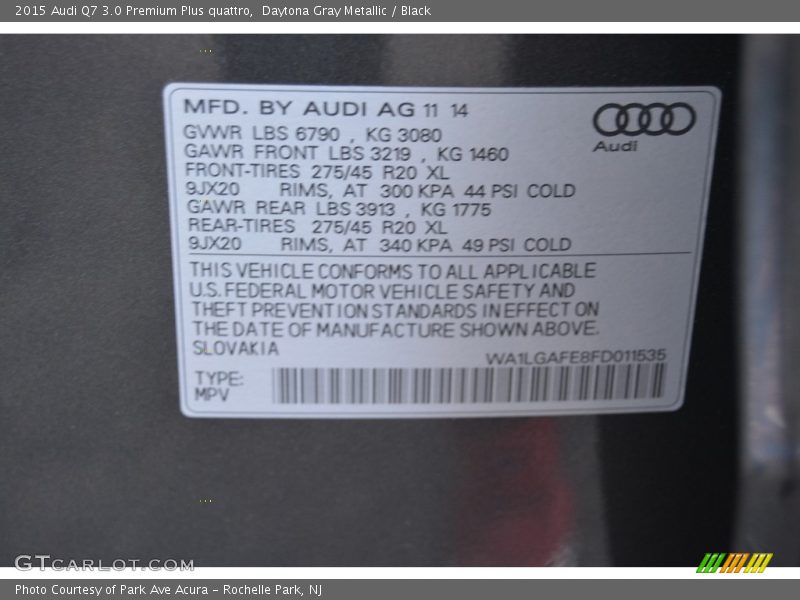 Daytona Gray Metallic / Black 2015 Audi Q7 3.0 Premium Plus quattro