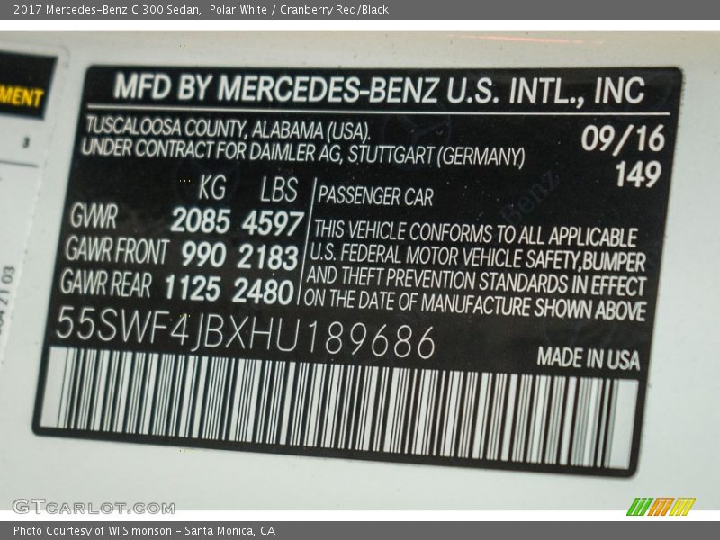 Polar White / Cranberry Red/Black 2017 Mercedes-Benz C 300 Sedan