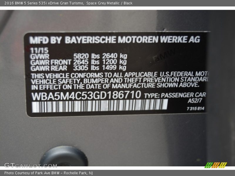 2016 5 Series 535i xDrive Gran Turismo Space Grey Metallic Color Code A52