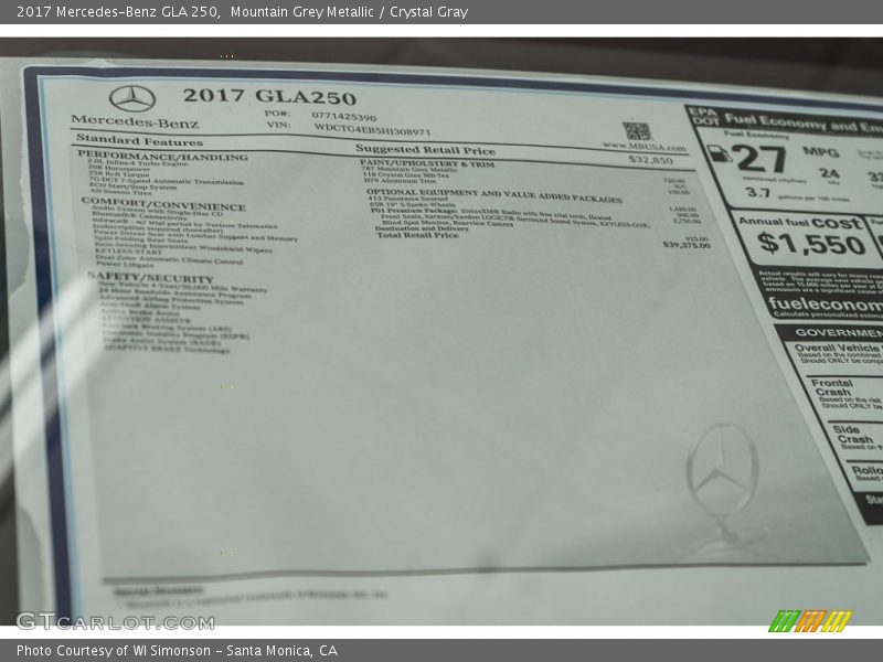 Mountain Grey Metallic / Crystal Gray 2017 Mercedes-Benz GLA 250