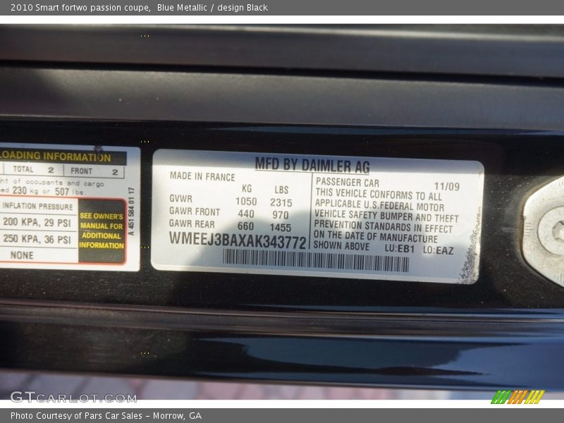 Blue Metallic / design Black 2010 Smart fortwo passion coupe