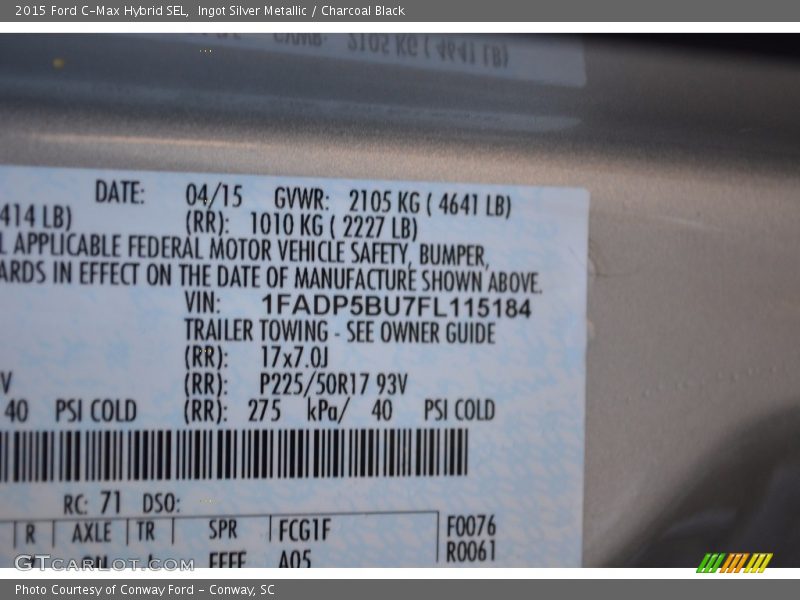 Ingot Silver Metallic / Charcoal Black 2015 Ford C-Max Hybrid SEL