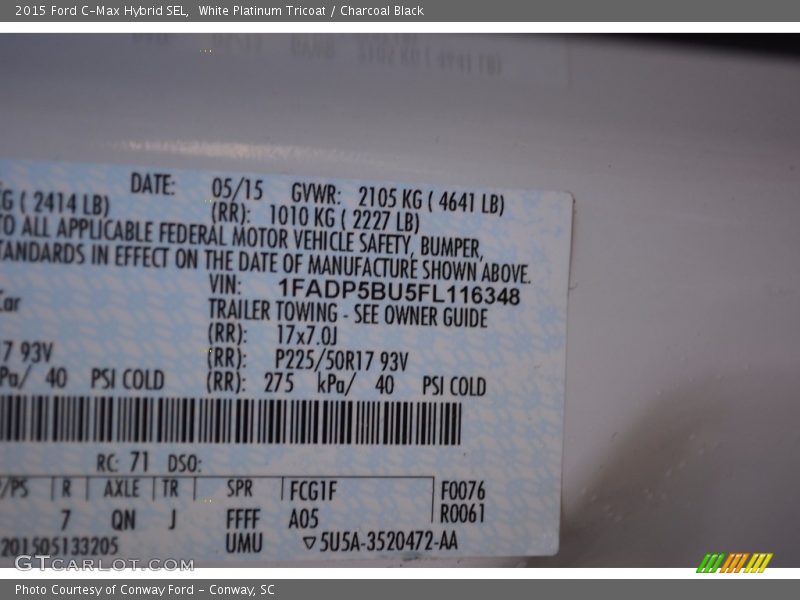 White Platinum Tricoat / Charcoal Black 2015 Ford C-Max Hybrid SEL