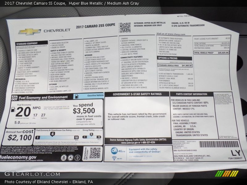 Hyper Blue Metallic / Medium Ash Gray 2017 Chevrolet Camaro SS Coupe