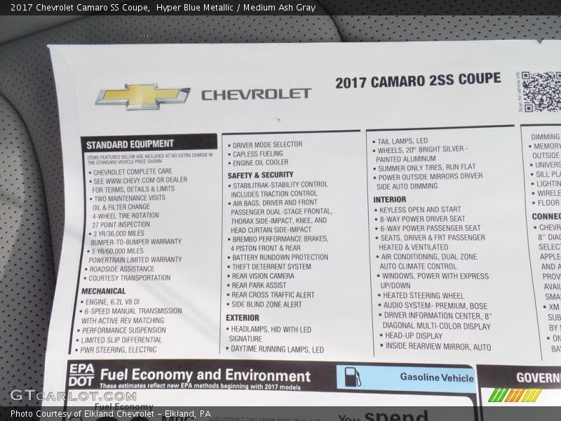 Hyper Blue Metallic / Medium Ash Gray 2017 Chevrolet Camaro SS Coupe