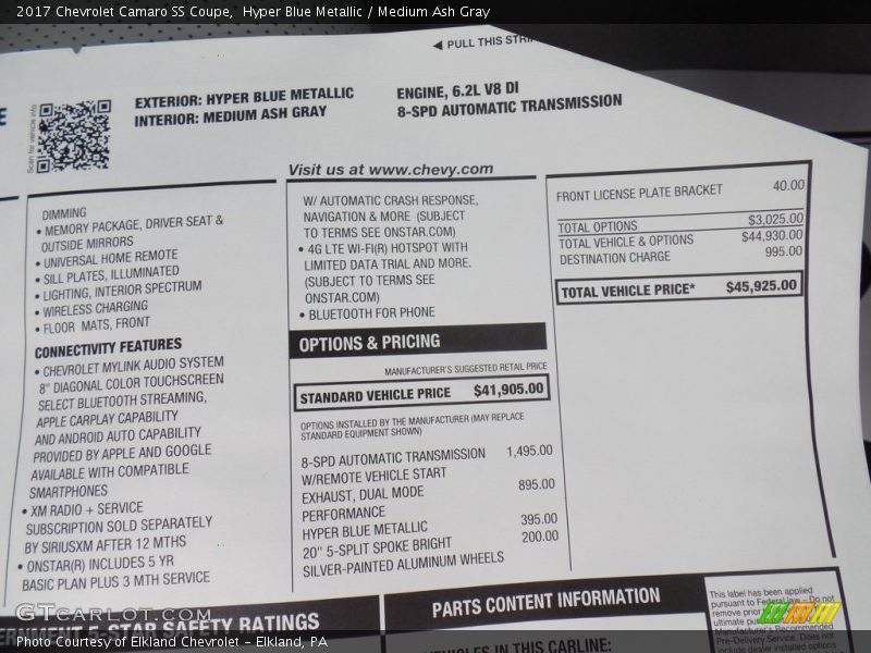 Hyper Blue Metallic / Medium Ash Gray 2017 Chevrolet Camaro SS Coupe