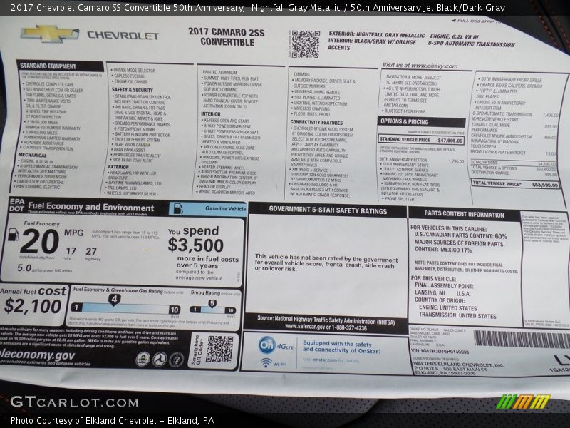  2017 Camaro SS Convertible 50th Anniversary Window Sticker