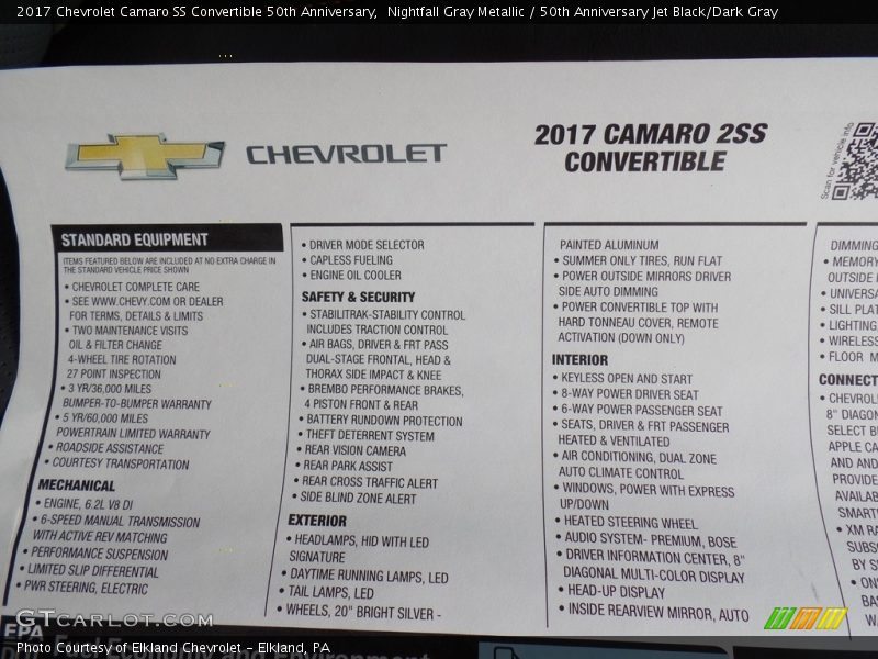  2017 Camaro SS Convertible 50th Anniversary Window Sticker