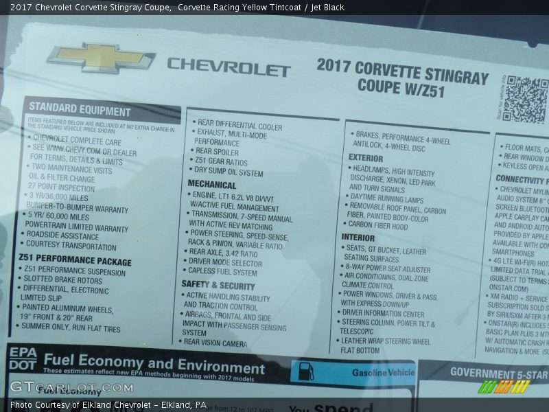  2017 Corvette Stingray Coupe Window Sticker