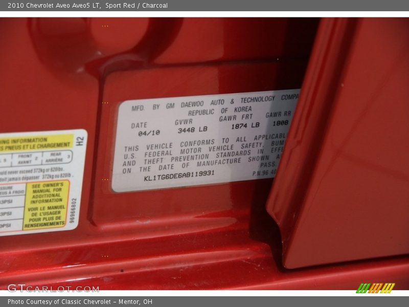 Sport Red / Charcoal 2010 Chevrolet Aveo Aveo5 LT