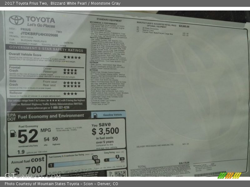 Blizzard White Pearl / Moonstone Gray 2017 Toyota Prius Two