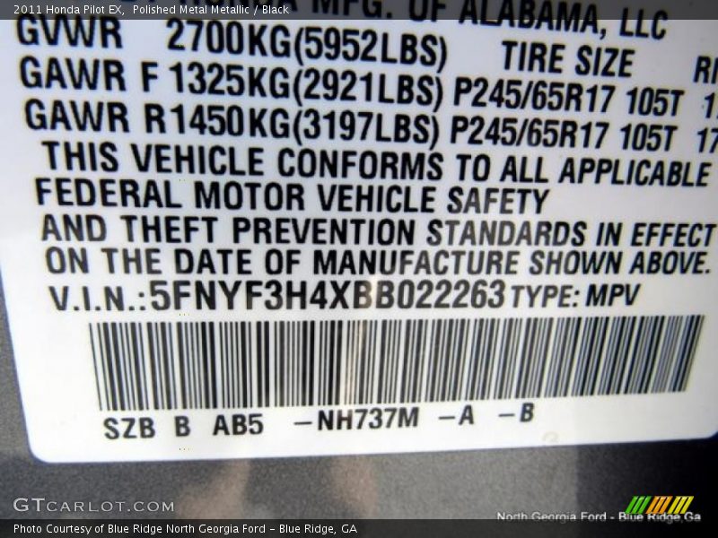 Polished Metal Metallic / Black 2011 Honda Pilot EX