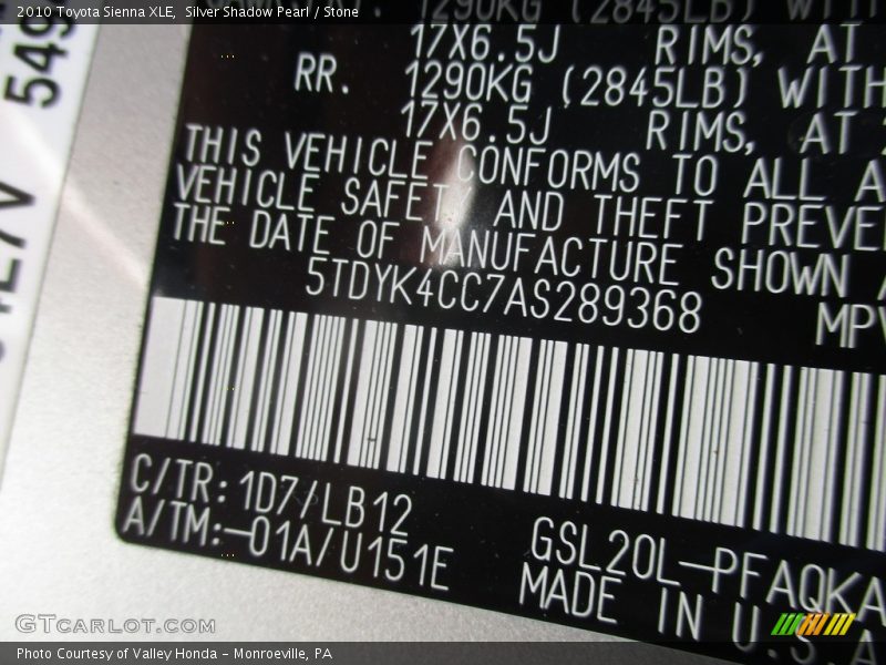 Silver Shadow Pearl / Stone 2010 Toyota Sienna XLE