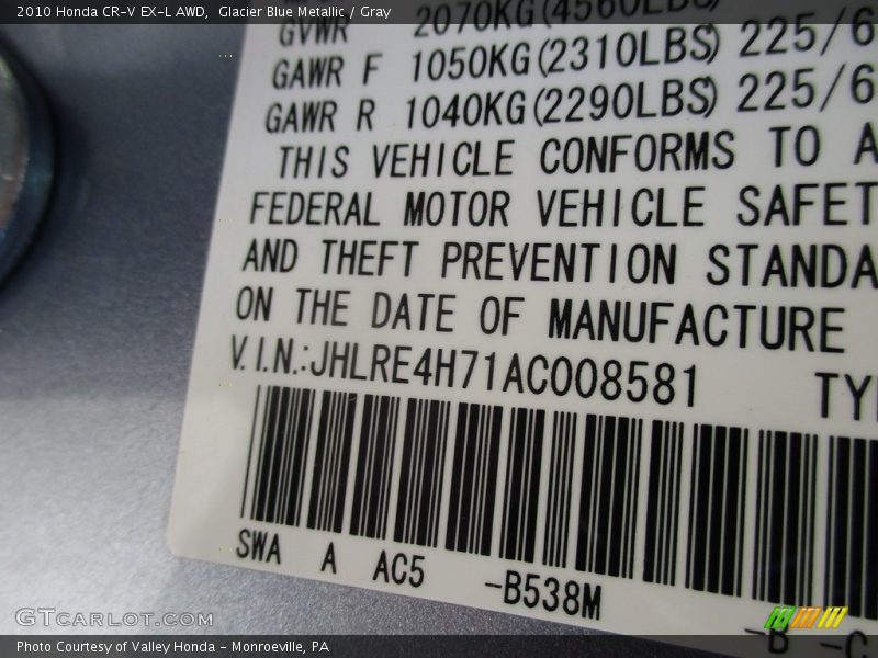 Glacier Blue Metallic / Gray 2010 Honda CR-V EX-L AWD