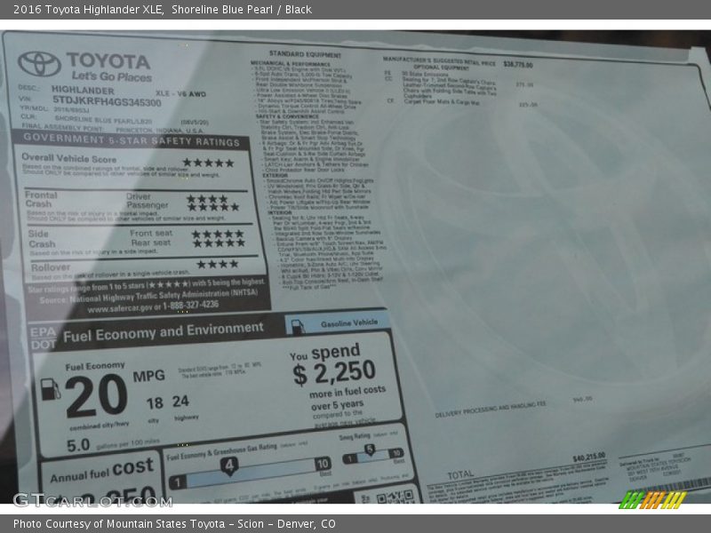 Shoreline Blue Pearl / Black 2016 Toyota Highlander XLE