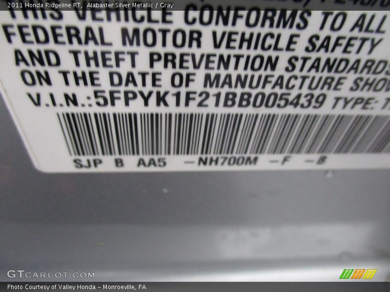 Alabaster Silver Metallic / Gray 2011 Honda Ridgeline RT