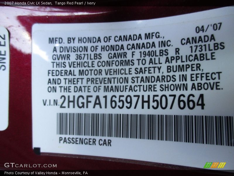 Tango Red Pearl / Ivory 2007 Honda Civic LX Sedan
