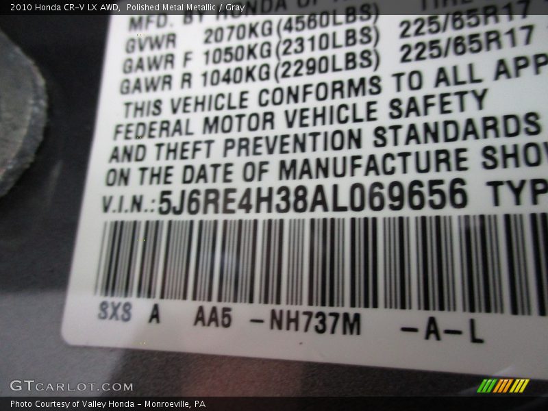 Polished Metal Metallic / Gray 2010 Honda CR-V LX AWD