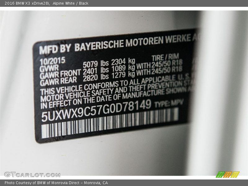 Alpine White / Black 2016 BMW X3 xDrive28i