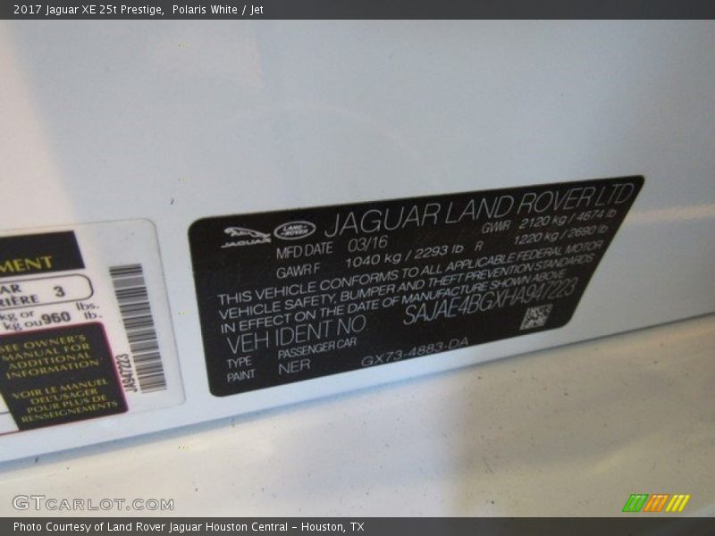 2017 XE 25t Prestige Polaris White Color Code NER