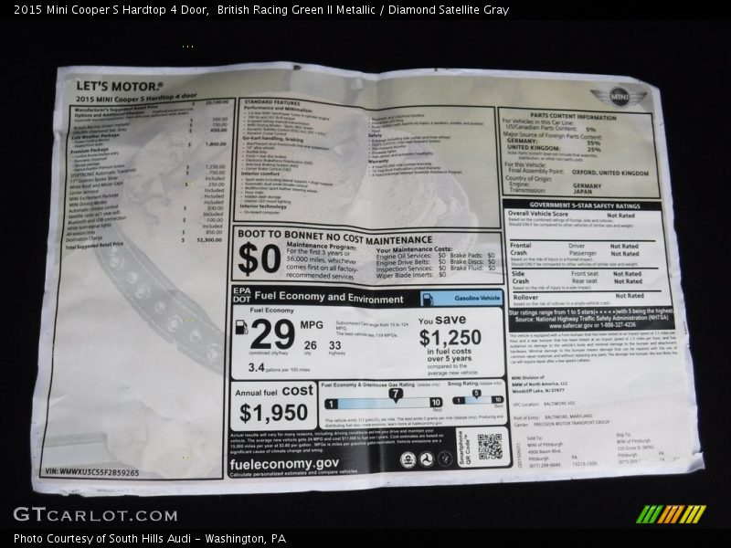  2015 Cooper S Hardtop 4 Door Window Sticker