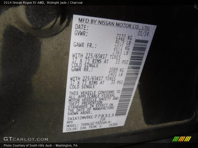 Midnight Jade / Charcoal 2014 Nissan Rogue SV AWD