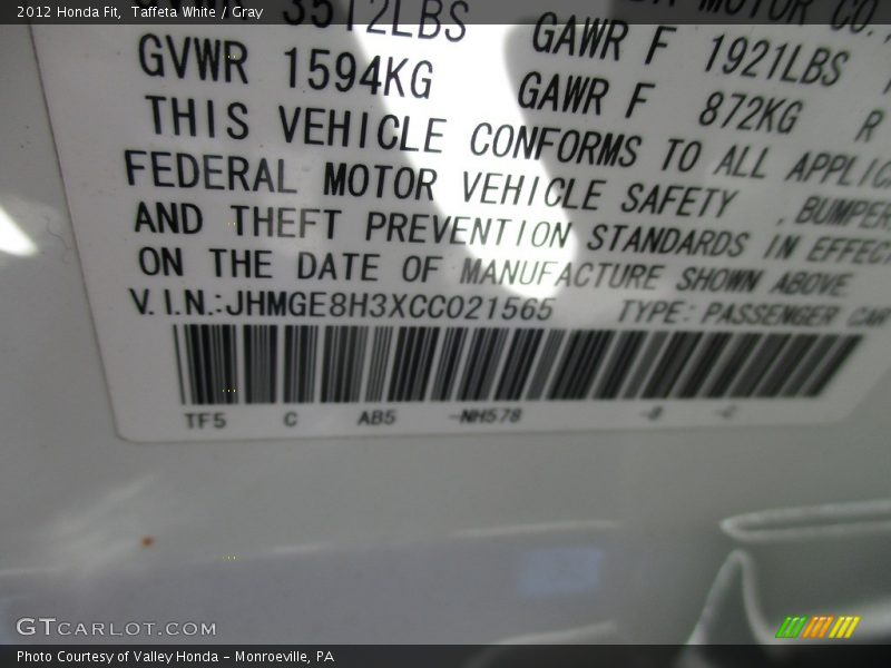 Taffeta White / Gray 2012 Honda Fit