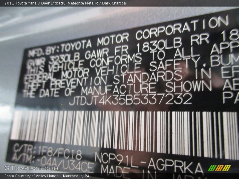 Meteorite Metallic / Dark Charcoal 2011 Toyota Yaris 3 Door Liftback