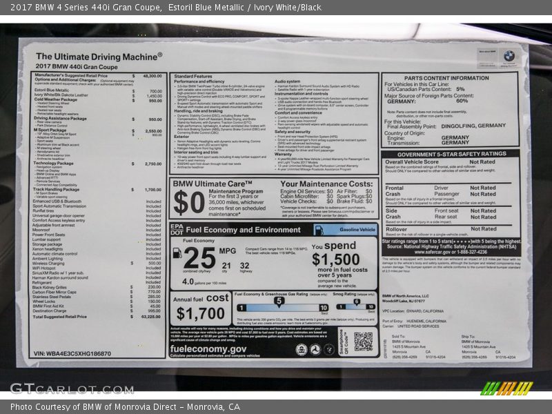  2017 4 Series 440i Gran Coupe Window Sticker