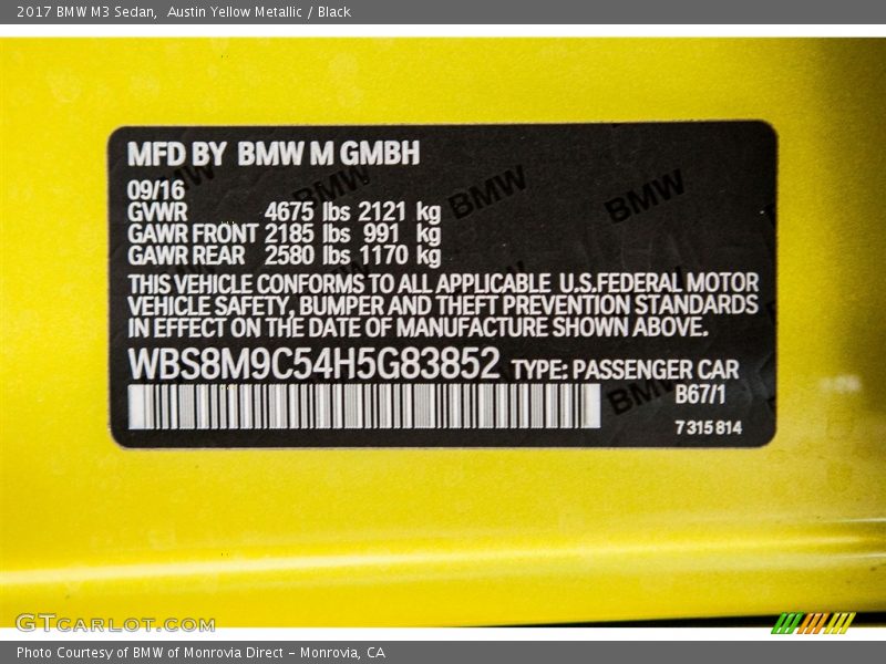 2017 M3 Sedan Austin Yellow Metallic Color Code B67
