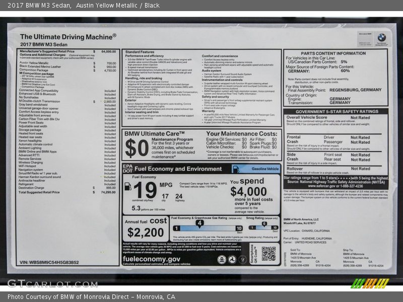  2017 M3 Sedan Window Sticker