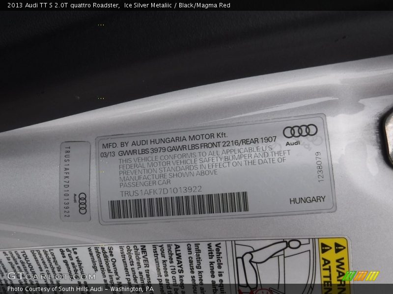 Ice Silver Metaliic / Black/Magma Red 2013 Audi TT S 2.0T quattro Roadster