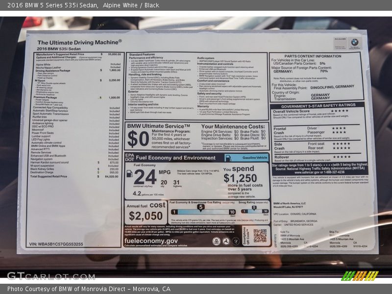 Alpine White / Black 2016 BMW 5 Series 535i Sedan