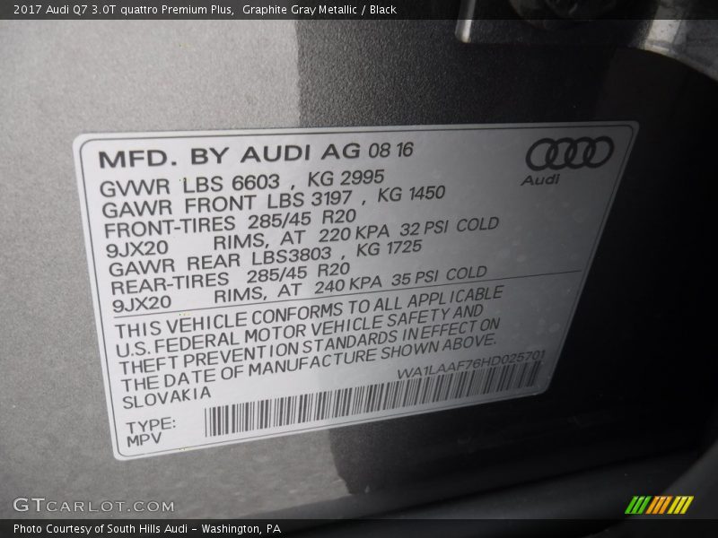 Graphite Gray Metallic / Black 2017 Audi Q7 3.0T quattro Premium Plus
