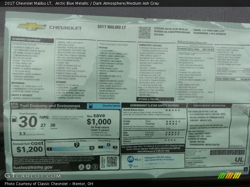  2017 Malibu LT Window Sticker