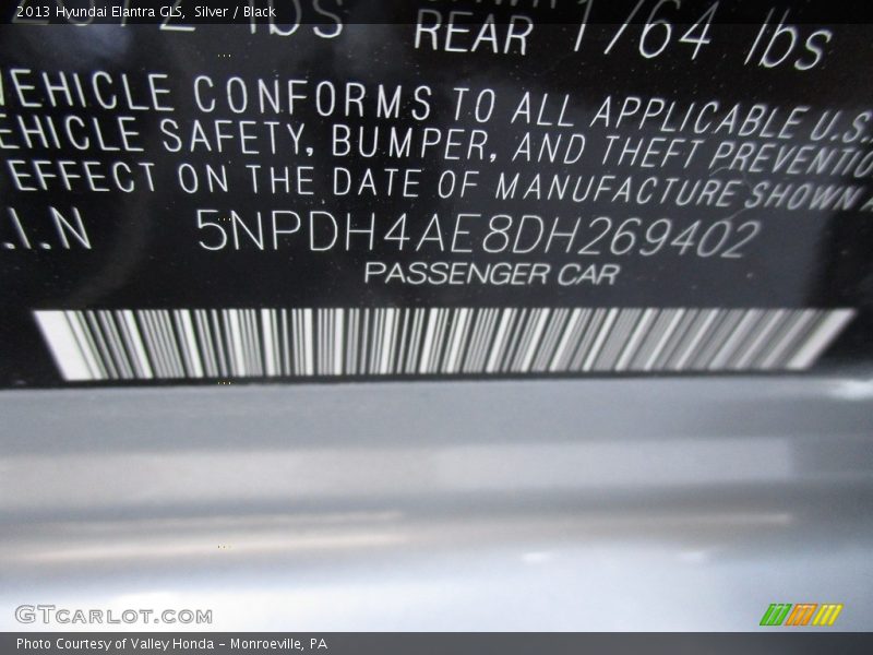 Silver / Black 2013 Hyundai Elantra GLS