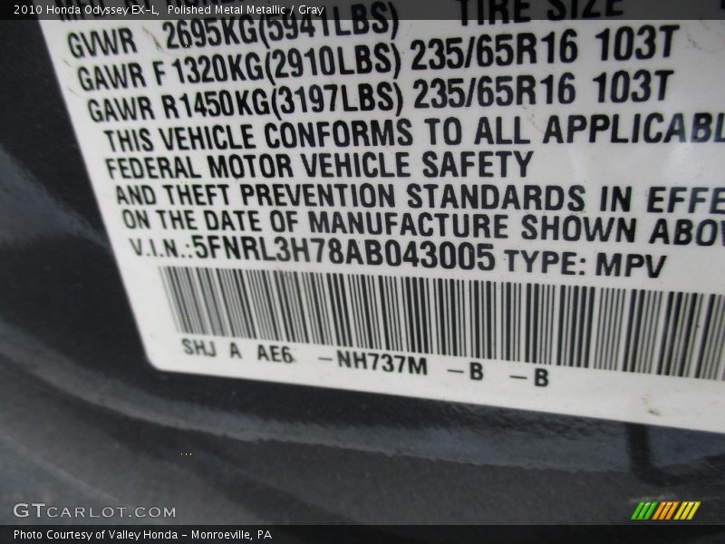 Polished Metal Metallic / Gray 2010 Honda Odyssey EX-L