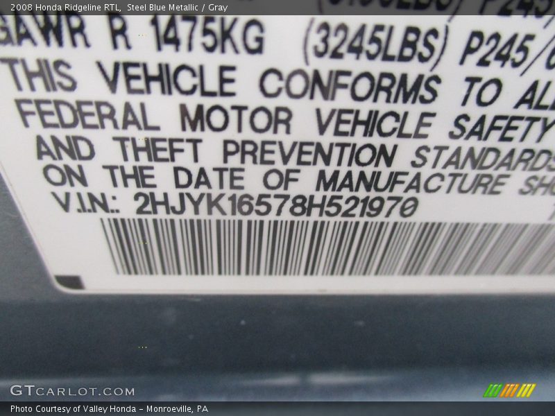 Steel Blue Metallic / Gray 2008 Honda Ridgeline RTL