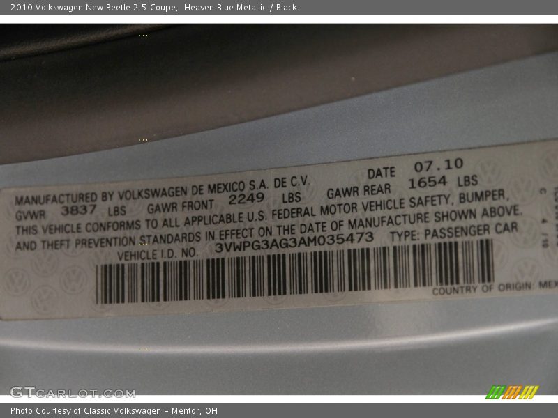 Heaven Blue Metallic / Black 2010 Volkswagen New Beetle 2.5 Coupe