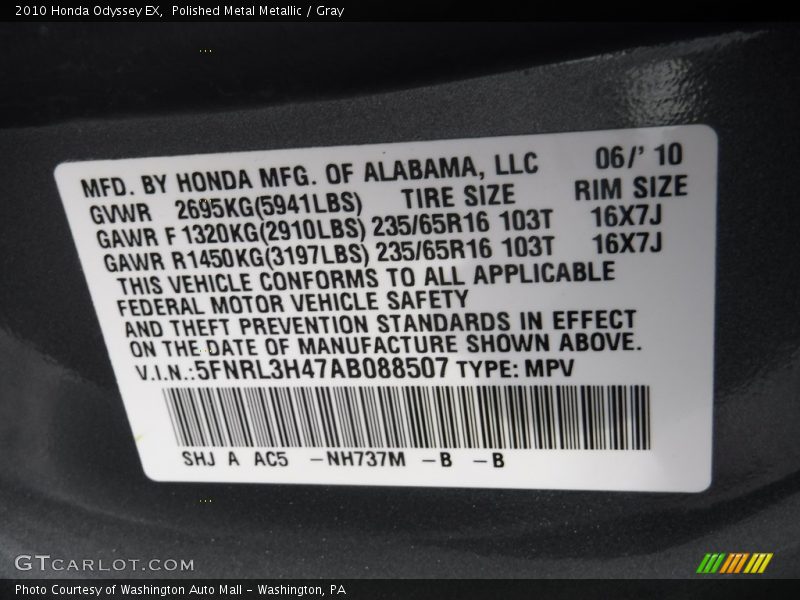 Polished Metal Metallic / Gray 2010 Honda Odyssey EX