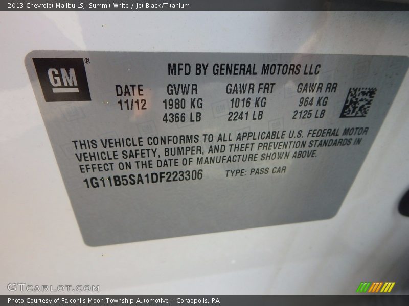 Summit White / Jet Black/Titanium 2013 Chevrolet Malibu LS