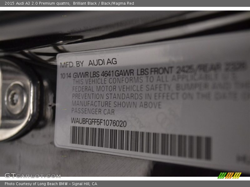 Brilliant Black / Black/Magma Red 2015 Audi A3 2.0 Premium quattro