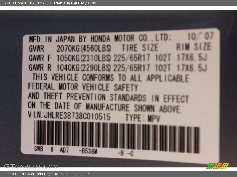 Glacier Blue Metallic / Gray 2008 Honda CR-V EX-L