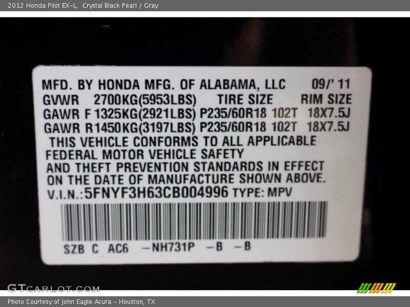 Crystal Black Pearl / Gray 2012 Honda Pilot EX-L