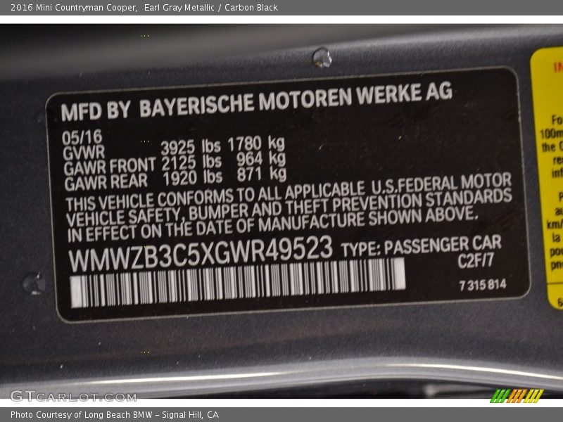 2016 Countryman Cooper Earl Gray Metallic Color Code C2F