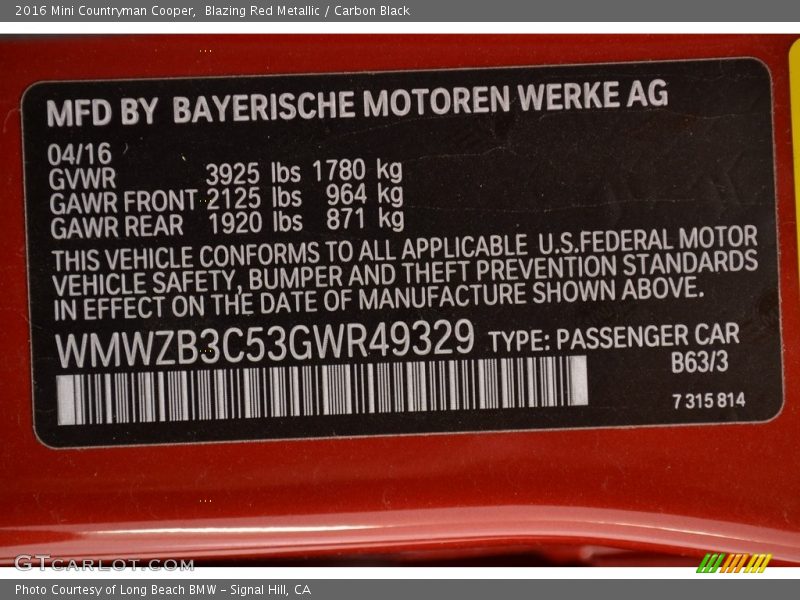 2016 Countryman Cooper Blazing Red Metallic Color Code B63