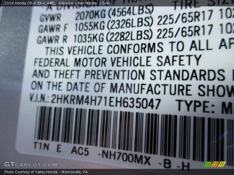 Alabaster Silver Metallic / Gray 2014 Honda CR-V EX-L AWD
