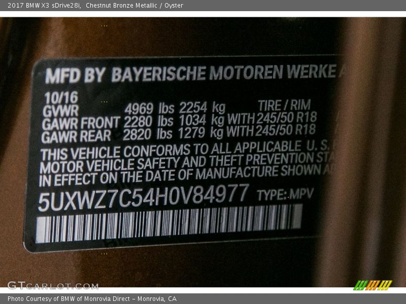 Chestnut Bronze Metallic / Oyster 2017 BMW X3 sDrive28i