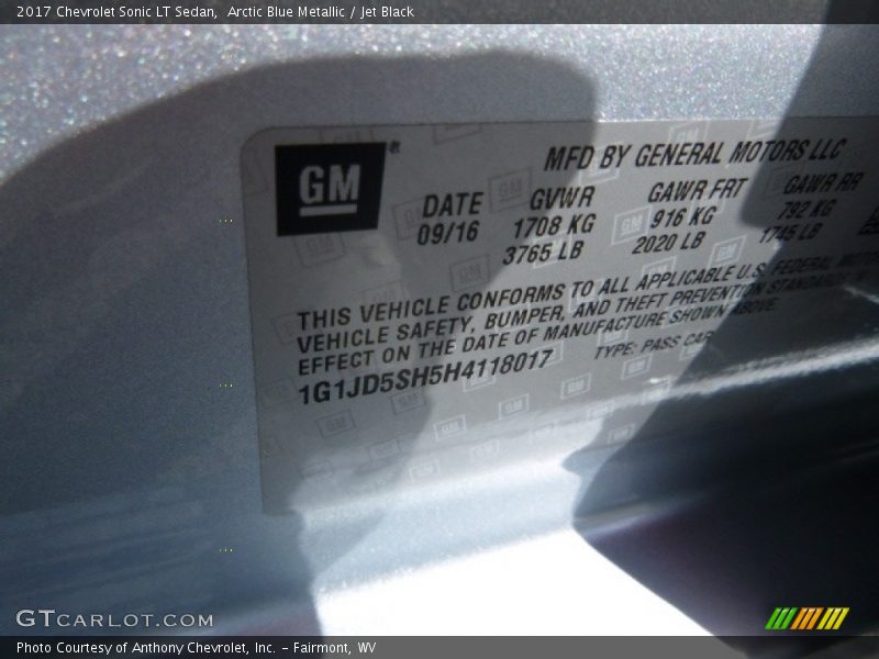 Arctic Blue Metallic / Jet Black 2017 Chevrolet Sonic LT Sedan