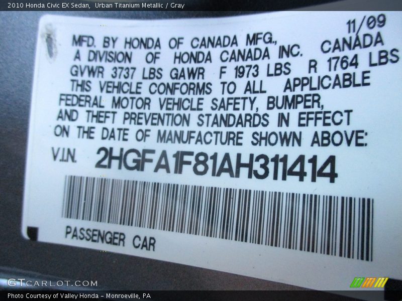 Urban Titanium Metallic / Gray 2010 Honda Civic EX Sedan